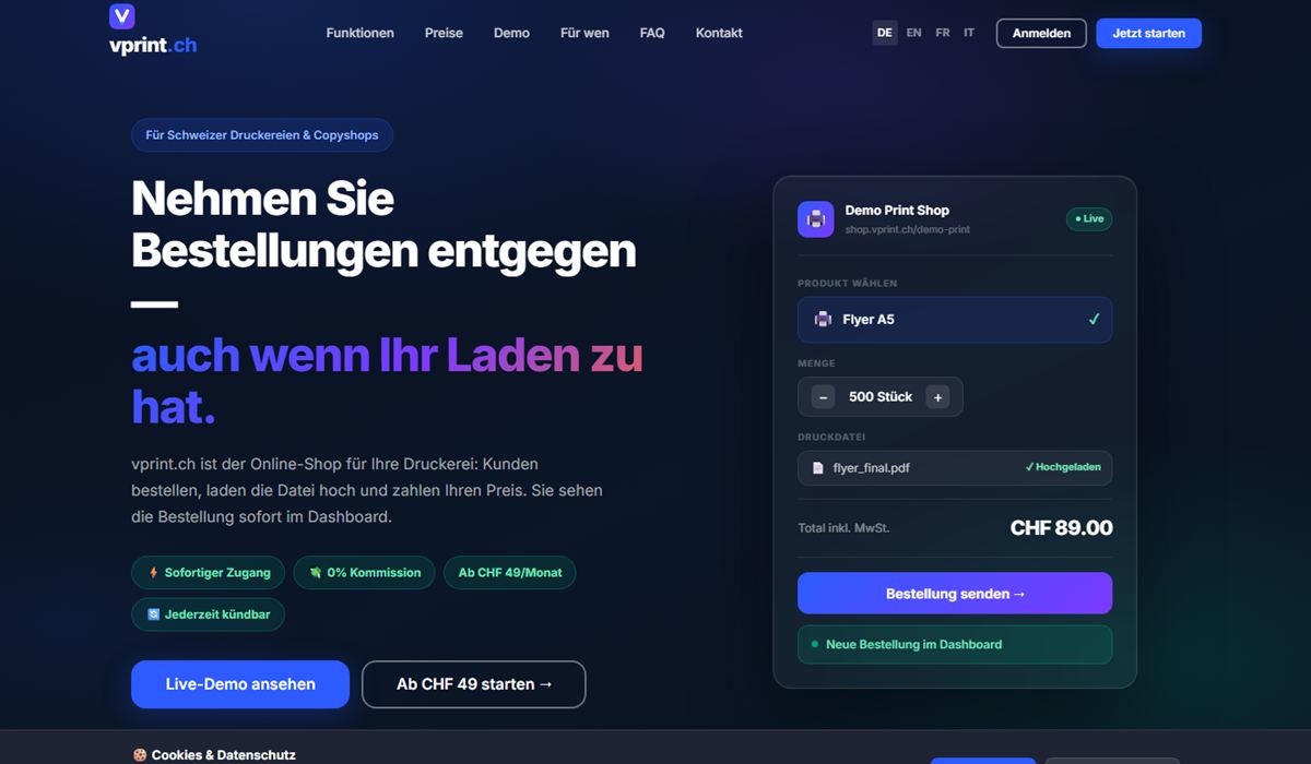 Screenshot der Plattform VPrint
